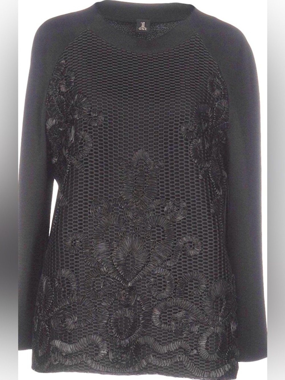 Black Floral Mesh Knit Pullover Sweatshirt